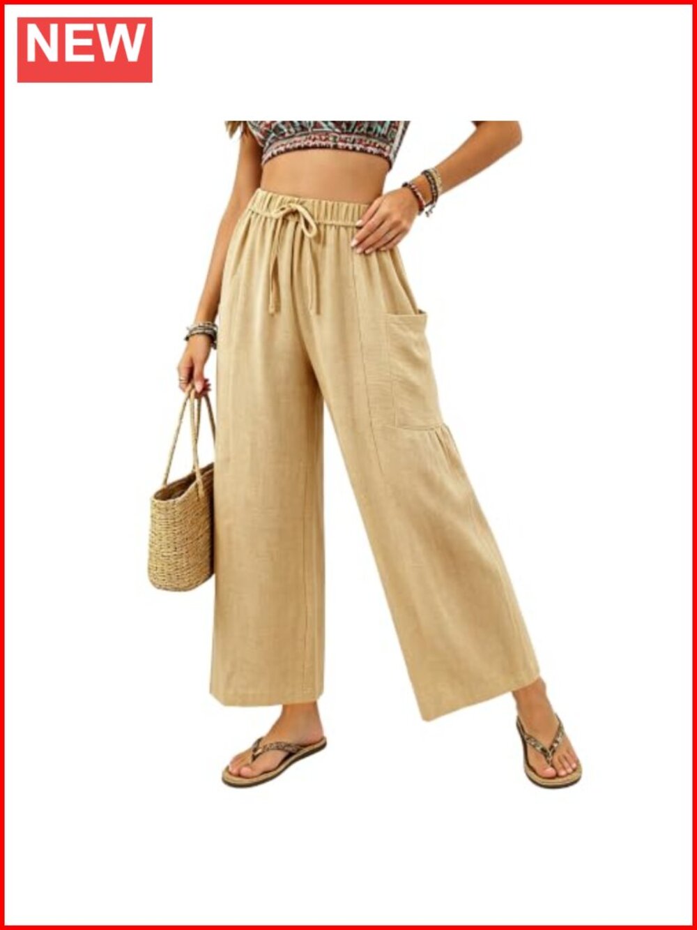 Wide Leg Cropped Pants Drawstring Casual Palazzo Lounge Trousers Pockets